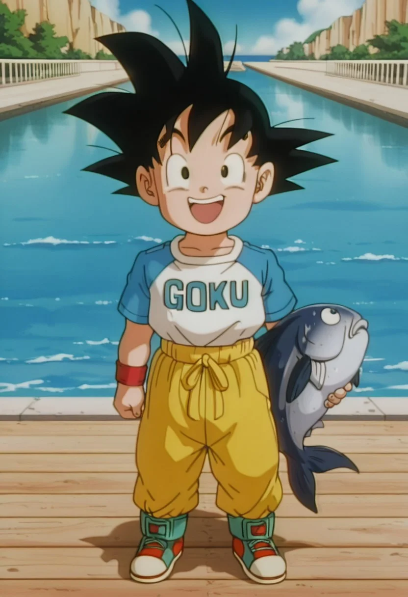 masterpiece, best quality, amazing quality, official artstyle, g0kujr, male, human, young, solo, black hair, spiked hair, black eyes, short, white t-shirt, blue short sleeves, red wristbands, yellow pants, turquoise shoes, standing on the dock, looking at the front, holding a big fish, big fish cooked, happy face, smile, open mouth, outdoors, c0zy b34ch hut, sunny day, front view