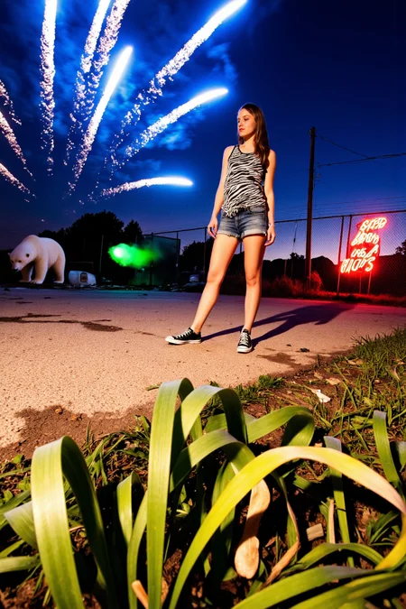 <lora:concept_photography_v2_(angular):1>From deep in the overgrown grass, each blade looms large, warped and shining in the foreground like twisted blades of glass. The uneven pavement behind fades into dusk, scattered with debris and hemmed in by a chain-link fence where a neon sign sputters green into the air. A polar bear stands just beyond, eerily still, its fur catching broken light like polished marble. Overhead, long-exposure fireworks have etched streaks of electric blue and crimson into the bruised sky â curling arcs and spirals that seem to hover, mid-burst. Shot from the dirt with a wide, distorting lens, the world feels swollen and off-axis. Rising from the chaos with legs exaggerated by perspective, a young woman stands in black Converse sneakers, cutoff denim shorts, and a zebra-print tank top, lit sharply from below â her shadow stretched like a monument behind her.