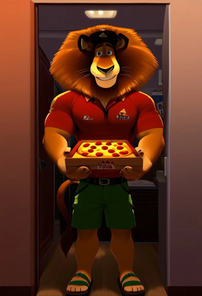score_9, score_8_up, score_7_up, score_6_up, source_anime, 2d, AlexLion,Lion,whiskers,fluffy fur,silky mane,blue eyes,black claws,lion tail, , <lora:Clothing - Sexy Delivery Man - UPS:0.55>, pizza delivery, delivery boy, ups-outfit, short sleeves, green shorts, open clothes, hat, pizza box, employee uniform, pov, pizza delivery, holding box with pizza, belt, sandals, happy,, 1boy, BL comic style cute boy Yaoi, yaoi, delivery boy, yaoi,gay, huge muscle male,huge muscles, fluffy fur, indoor, open door, entrance hall, apartment, large pecs, cute smiling, innocent looking, kindest and gentlest boy, (((<lora:Clothing - Sexy Delivery Man - UPS:0.55>, ups-outfit, polo shirt, short sleeves, green shorts, clothes, hat, pizza delivery boy, holding box with pizza, belt, sandals))), happy, light indoor, ((<lora:Alex_the_Lion_Madagascar_-_Pony_XL:1>,, smirk, friendly sight, cute boy))