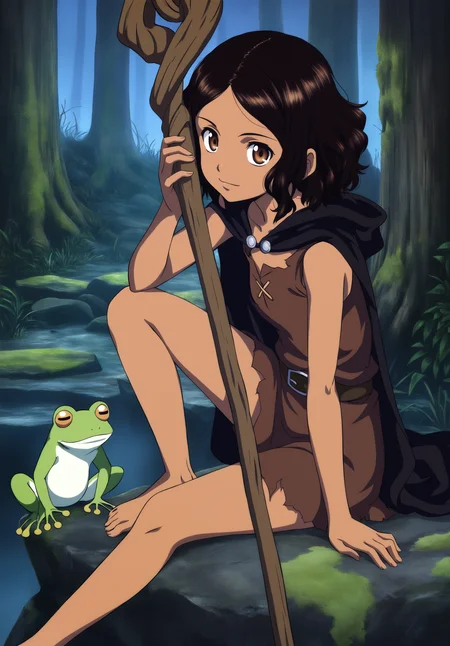 masterpiece,absurdres,best quality,high quality,<lora:MeMaXL5 Type B Vpred Noob:1>,1girl,looking at viewer,close-up,pose,dark-skinned female,wavy hair,short hair,puffy hair,parted bangs,parted hair,loose hair strand,forehead,dark brown hair,brown eyes,black cape,mage,wood staff,bare arms,torn clothes,bare legs,barefoot,collarbone,sitting,rock,light smile,tree,moss,frog,fog,against backlight at dusk,intense shadows,