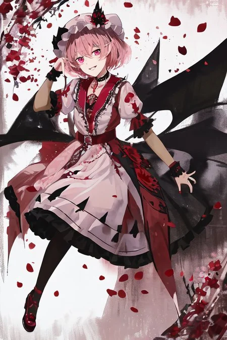 embroidery, jewelery, gown, frills, gloves/elbow gloves, high heels/shoes, pantyhose/thighhighs, remilia_scarlet_(koumajou_densetsu), solo, 1girl, smile, short_hair, shirt, red_eyes, bow, blush, hat, ribbon, dress, hair_ornament, frills, blue_hair, jewelry, puffy_sleeves, short_sleeves, red_bow, wings, mob_cap, nail_polish, pink_eyes, flower, ascot, pantyhose, sidelocks, detached_sleeves, hat_ribbon, shoes, pointy_ears, grin, wrist_cuffs, bat_wings, sword, fingernails, white_headwear, black_pantyhose, high_heels, hat_bow, collar, fang, sash, black_gloves, choker, petals, white_dress, fingerless_gloves, polearm, lips, hair_flower, expressionless, frilled_sleeves, hat_flower, brooch, pink_dress, red_sash, armband, sharp_fingernails, frilled_dress, collared_dress, coat, wing_collar, red_footwear, spear_the_gungnir, long_fingernails, light_purple_hair, eyelashes, bridal_gauntlets, cross, clenched_teeth