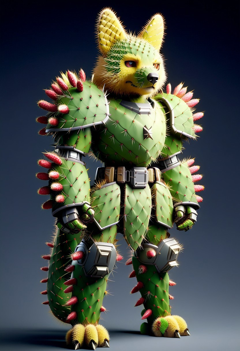 score_9, score_8_up, score_7_up, cs-l3ath3r, NCRender, 
Hidegarurumon is a fierce, wolf-like Digimon covered in rugged, dark brown Prickly Cactus armor. Its fur is sparse and resembles a patchwork of aged, Prickly Cactus  pieces that provide both flexibility and durability. The armor on its body is reinforced with Prickly Cactus  straps and buckles, designed to offer both protection and mobility. Its glowing yellow eyes shine through a mask-like Prickly Cactus  faceplate, and sharp Prickly Cactus claws extend from its paws, capable of tearing through most materials. A large, jagged Prickly Cactus tail swishes behind it, hardened to serve as both a weapon and a tool for balance in combat. NCRender