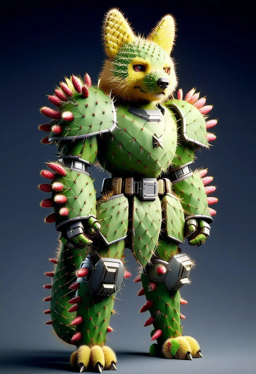 score_9, score_8_up, score_7_up, cs-l3ath3r, NCRender, 
Hidegarurumon is a fierce, wolf-like Digimon covered in rugged, dark brown Prickly Cactus armor. Its fur is sparse and resembles a patchwork of aged, Prickly Cactus  pieces that provide both flexibility and durability. The armor on its body is reinforced with Prickly Cactus  straps and buckles, designed to offer both protection and mobility. Its glowing yellow eyes shine through a mask-like Prickly Cactus  faceplate, and sharp Prickly Cactus claws extend from its paws, capable of tearing through most materials. A large, jagged Prickly Cactus tail swishes behind it, hardened to serve as both a weapon and a tool for balance in combat. NCRender