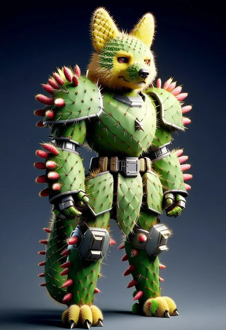 score_9, score_8_up, score_7_up, cs-l3ath3r, NCRender,
Hidegarurumon is a fierce, wolf-like Digimon covered in rugged, dark brown Prickly Cactus armor. Its fur is sparse and resembles a patchwork of aged, Prickly Cactus pieces that provide both flexibility and durability. The armor on its body is reinforced with Prickly Cactus straps and buckles, designed to offer both protection and mobility. Its glowing yellow eyes shine through a mask-like Prickly Cactus faceplate, and sharp Prickly Cactus claws extend from its paws, capable of tearing through most materials. A large, jagged Prickly Cactus tail swishes behind it, hardened to serve as both a weapon and a tool for balance in combat. NCRender