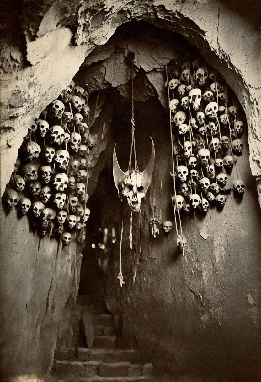 antique photo, eerie atmosphere, creepy, cave, descent into madness, lovecraft horror, walls made of skulls, one bat hanging from the ceiling, <lora:Antique_Photo:1>
