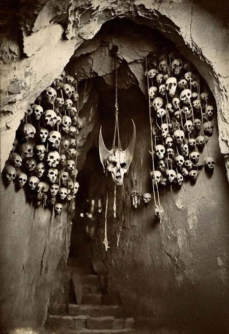 antique photo, eerie atmosphere, creepy, cave, descent into madness, lovecraft horror, walls made of skulls, one bat hanging from the ceiling, <lora:Antique_Photo:1>