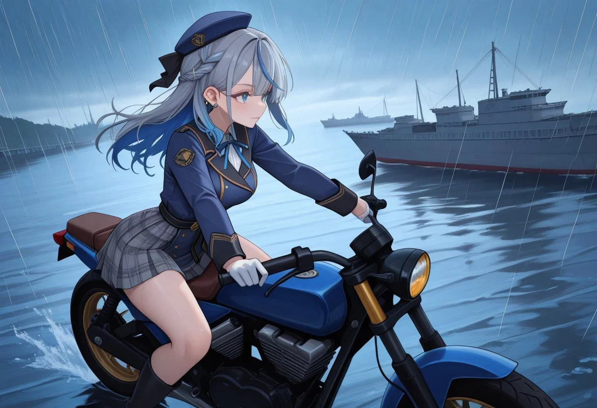 1 girl, Am4gaiRuka, blue eyes, multicolored hair, grey hair, blue hair, long hair, braid, ribbon braid, ear piercing,
Ruk4Def, blue eyes, multicolored hair, grey hair, blue hair, long hair, braid, ribbon braid, ear piercing, blue hat, hat ribbon, blue neck ribbon, blue jacket, military jacket, long sleeves, white gloves, half gloves, black sash, black bow, grey skirt, plaid skirt,
sitting on a motorcycle, riding a motorcycle, holding a weapon, shooting an uzi, fierce look, self-confident,
almost a movie moment for a character then a storyteller says "but she chooses violence, in cinema from June 25".
outdoors, port, rain, shite ships, yellow port cranes, shipment containers.
from above, from side,
HateIsOn,
masterpiece, best quality, newest, absurdres, highres, ,amazing quality, (masterwork, masterpiece, best quality, hyper-detailed, 8k uhd::1.4),
IllusP0s, masterpiece,best quality,amazing quality,very aesthetic,high resolution,ultra-detailed,absurdres,newest, masterpiece, best quality, amazing quality, very aesthetic, detailed eyes, perfect eyes, realistic eyes, IllusP0s