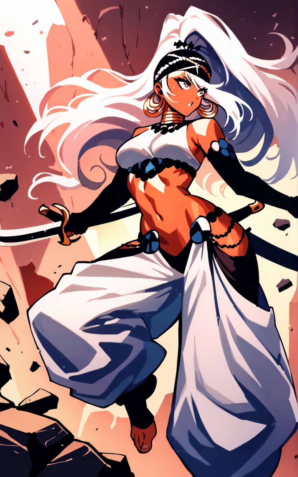 score_9, score_8_up, score_7_up,((best quality)), absurdres,  <lora:BolivanteStyle:0.8>,   <lora:YOPMPXL:0.8>,YOPMPXL, neck ring, white hair, crop top, white crop top, white pants, harem pants, elbow gloves, hairband, black hairband, toeless, midriff, headband, black headband, earrings, hoop earrings,long hair,high ponytail, hip vent, baggy pants,dark skin, dark-skinned female,action pose, rubble, holding sword,sword,dual wielding