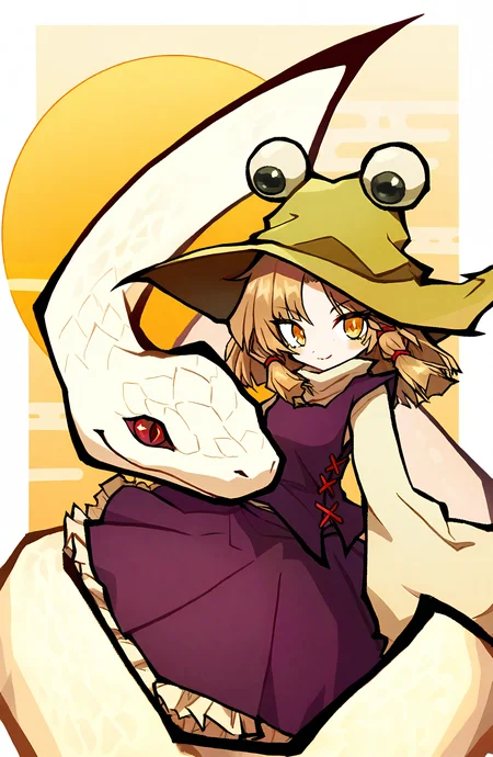 moriya_suwako, mishaguji, 1girl, solo, looking_at_viewer, smile, shirt, skirt, blonde_hair, long_sleeves, hat, ribbon, closed_mouth, white_shirt, yellow_eyes, hair_ribbon, wide_sleeves, vest, red_ribbon, turtleneck, purple_skirt, brown_headwear, snake, purple_vest, white_snake