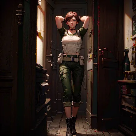 <lora:rebeccaChambers_v20:1>, (rebecca_chambers), (re1costume), ((masterpiece)), (((best quality))), ((ultra-detailed)), ((illustration)), 1girl, (solo),  looking at viewer, Indoors, black gloves, night, hands behind head,