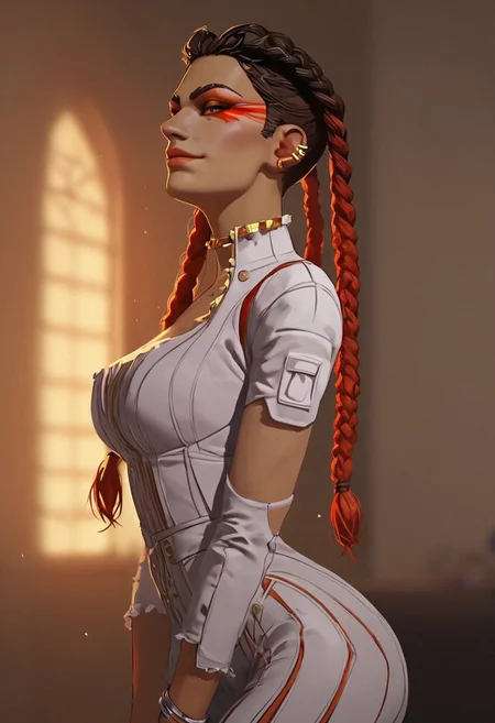 Expressiveh, score_9_up, score_8_up, score_7_up, score_6_up, score_5_up, score_4_up, 1girl, female, Loba (apex legends), flirty, cute pose, smirk, fully clothed, average_breasts, wide hips, bedroom, dutch angle, from_side, ((masterpiece)), best quality, perfect, very aesthetic