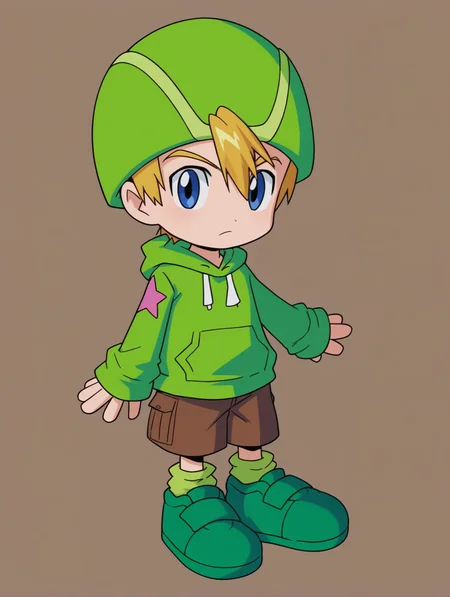 score_9, score_8_up, score_7_up, score_6_up, score_5_up, score_4_up, source_anime, BREAK
looking at viewer, <lora:Digimon:0.8> digimon, 1boy, solo, takeru, short hair, blue eyes, blonde hair, green hat, green hoodie, brown shorts, green socks, green shoes,