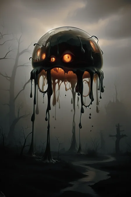 <lora:DonMGl00myN1gh7m4r3XL:1> DonMGl00myN1gh7m4r3XL, Dark, Cimmerian, Crepuscular, Dim, Dreary, Dusky, Eerie, Funereal, Gloomy, Murky, Obscure, Opaque, Penumbra, Sombre, Shadowy, Shady, Somber, Stygian, Tenebrous, Twilight, Umbral, score_9, score_8_up, score_7_up, score_6_up, score_5_up, score_4_up, <lora:wizardslimev15-t:1> wizardslimus, slime skin, transparent head, transparent body, transparent hair, transparent face, transparent, slime girl, <lora:030483P:0.8> 030483P, woman, 24 years old, <lora:Breast Slider - Pony_alpha1.0_rank4_noxattn_last:0.4>