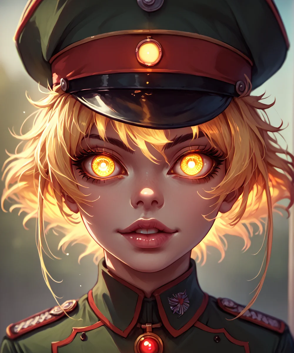 score_9,score_8_up,score_7_up,
1girl,solo,upper body portrait,happy,glowing eyes,lips,smooth skin,yellow glowing hair,glowing yellow eyes
, <lora:holographic-pony-4:0.6>,
 <lora:TanyaPonyV2:0.8>,TanyaDegurechaff,tunic,military hat,front view,looking at viewer