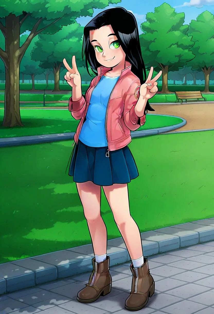 official art, masterpiece, best quality, absurdres, very aesthetic, 1girl, female focus, solo, Caitlin_PP, black hair, long hair, green eyes, small breasts, blue shirt, jacket, pink jacket, zipper, open jacket, sleeve cuffs, skirt, ankle socks, white socks,ankle boots, looking at viewer, smile, full body, standing, v, double v, outdoors, grass, park, trees,