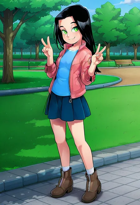 official art, masterpiece, best quality, absurdres, very aesthetic, 1girl, female focus, solo, Caitlin_PP, black hair, long hair, green eyes, small breasts, blue shirt, jacket, pink jacket, zipper, open jacket, sleeve cuffs, skirt, ankle socks, white socks,ankle boots, looking at viewer, smile, full body, standing, v, double v, outdoors, grass, park, trees,