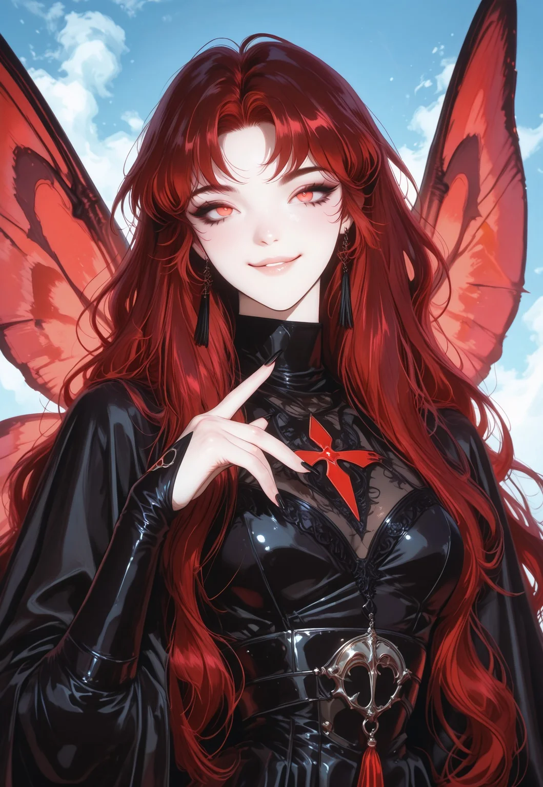 solo, dark red hair, bright red eyes, very long hair, smile, smug, small breasts, black dress, fairy, black and red wings, korean woman, garden background, Mino Han, wavy hair, sleeves, turtleneck, majestic, (shiba eyebrows), feline pupils, bold, black gloves, armor, black long nails, (photorealistic:1.0), manhwa, source_anime, eyelines, black makeup, elegant hairstyle, (korean:1.4), sexy, cool pose, teasing, flying, booru, (source_manhwa:2.0), (surreal:1.4), upper body portrait, day, blue sky, painterly, best quality, amazing quality, intricate detail, highly detailed, newest, highres, 8K, HDR, best quality, absurdres, high quality, dynamic composition, best quality, vibrant colors, holographic colors, gradient colors, foreshortening, glamour shot