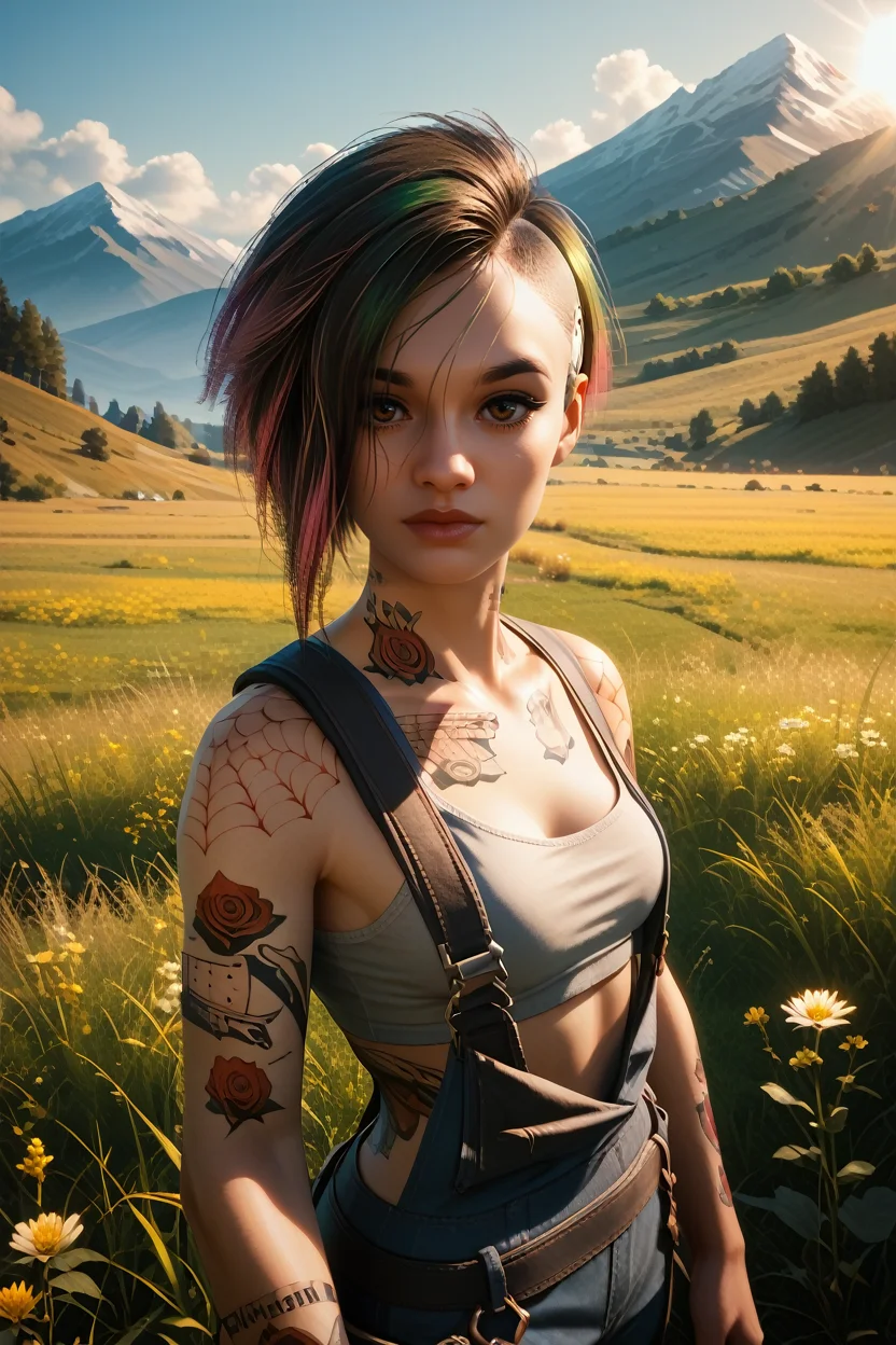 score_9, score_8_up, score_7_up, score_6_up
<lora:CyberJudy:0.8>
CyberJudy, 1girl, brown eyes, asymetrical hair, multicolored hair, tattoo, looking at viewer, standing in a field during the golden hour, hand gently brushing through tall grass, mountains in the distance, warm sunlight casting a glow, serene and connected to nature