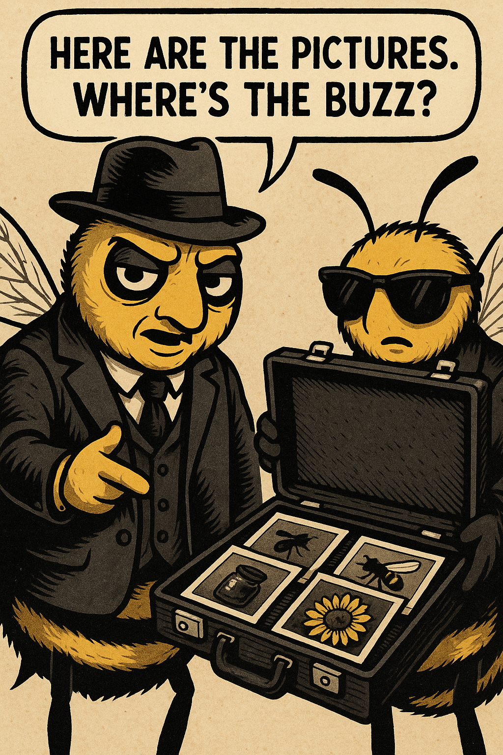 Create a parody image of two anthropomorphic bees dressed like mafia members.
The first bee looks like a mafia boss. He looks at the viewer and says: "Here are the pictures. Where's the buzz?"
The second bee is wearing sunglasses and holding an open briefcase, showing its contents to the viewer. Inside the briefcase are various photographs.
The image should be a vertical.