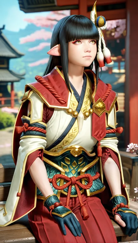 score_9,score_8_up,score_7_up,
<lora:hinoa:0.9>,
mhhinoa,
realistic,
1girl,solo,black hair,long hair,blunt bangs,hair ornament,yellow eyes,looking up,pointy ears,red and white short cape,shoulder necklace,white japanese robe top,deep red undershirt,green waist armor,detached sleeves,red open crotch wide leg pants,deep red pants underneath,black fingerless gloves,cowboy shot,facing aside,sitting,on red bench,left hand on leg,right hand on bench,blurry background,outdoors,rustic village,wooden structures,japanese structures,blue cloth banners,tree,cherry blossoms,