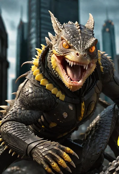 Capture the close up view essence of angry (Iguana-Bat hybrid with hexagonical scaled skin and yellow glowing eyes)) in batman-like suit in monochrome, does demolition in the apolitical city. Craft a visually stunning and evocative image of that creature from a very close view,macro photo, showcasing the canine's spirited interaction with the scales, hexagonal scales, werewolf, creating splashes, action shot, drkfntasy