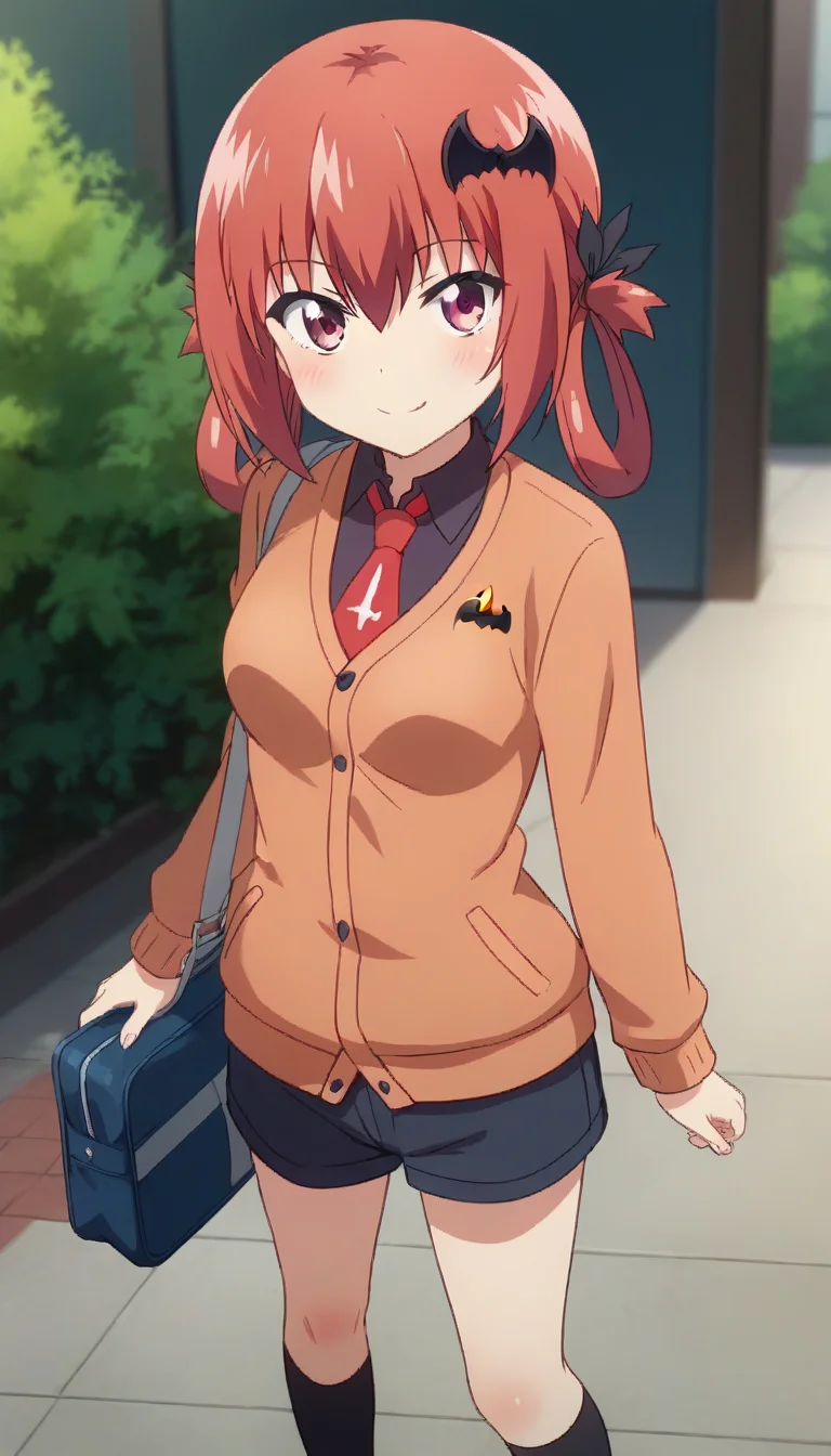 score_9,score_8_up,score_7_up,score_6_up BREAK official art,solo,outdoors,cowboy shot,looking at viewer,facing viewer,smile,blush,Satanichia Kurumizawa McDowell,long hair,red hair,hair rings,black ribbon,bat hair ornament,sidelocks,hair between eyes,bangs,purple eyes,orange hoodie,aqua vest,long sleeves,medium breasts,blue shorts,black socks,loafers,<lora:Satanichia Kurumizawa McDowell(gd)-Pony:1.4>,