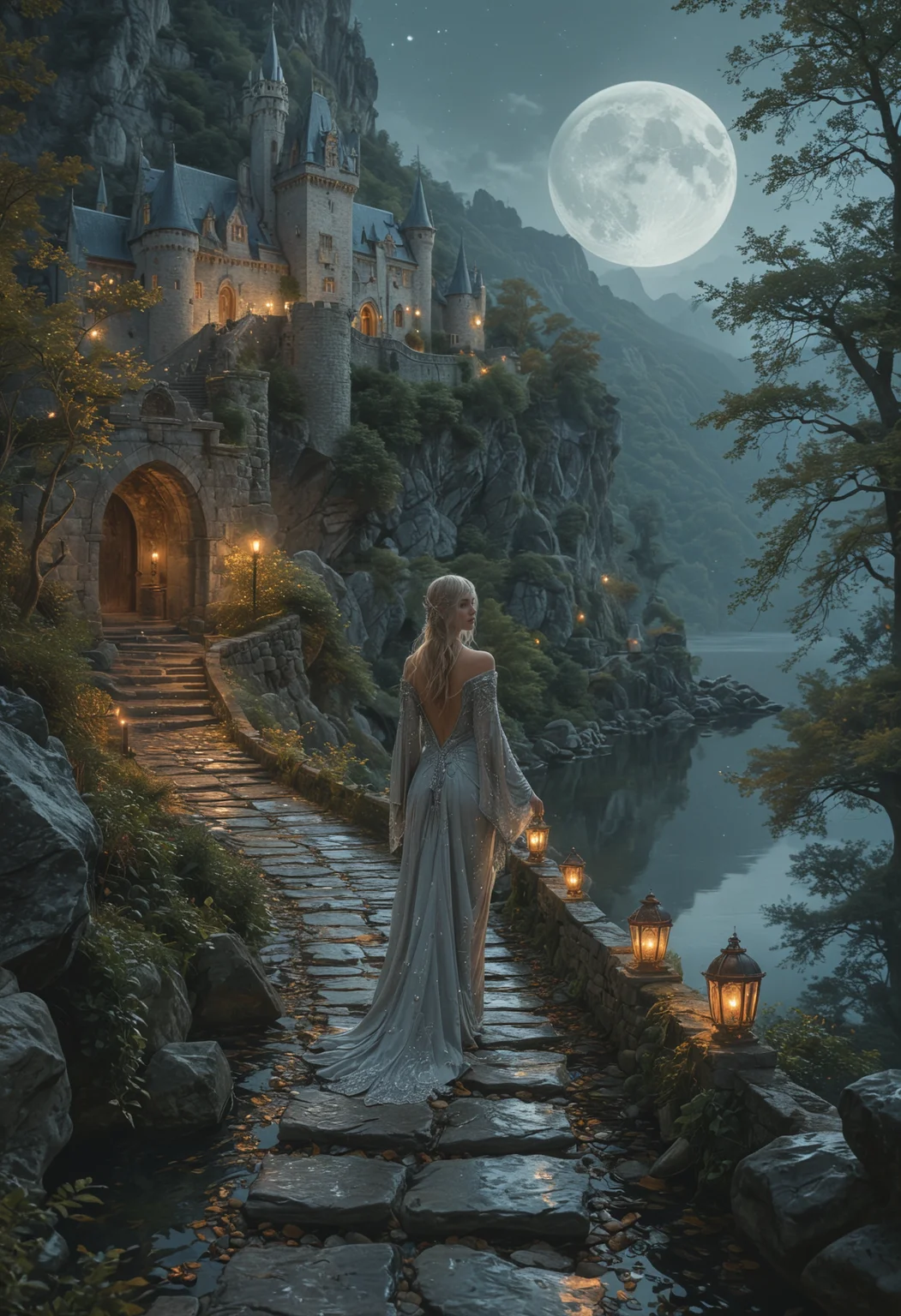 Under a full moon, a beautiful woman with a shimmering silver cloak walks along a stone path leading to an elegant elven castle. The castle, perched on a mountainside, overlooks a valley filled with luminous treehouses. Elves with intricate designs on their skin gather around a sparkling lake nearby., <lora:add-detail-xl:1> <lora:MJ52:0.5>