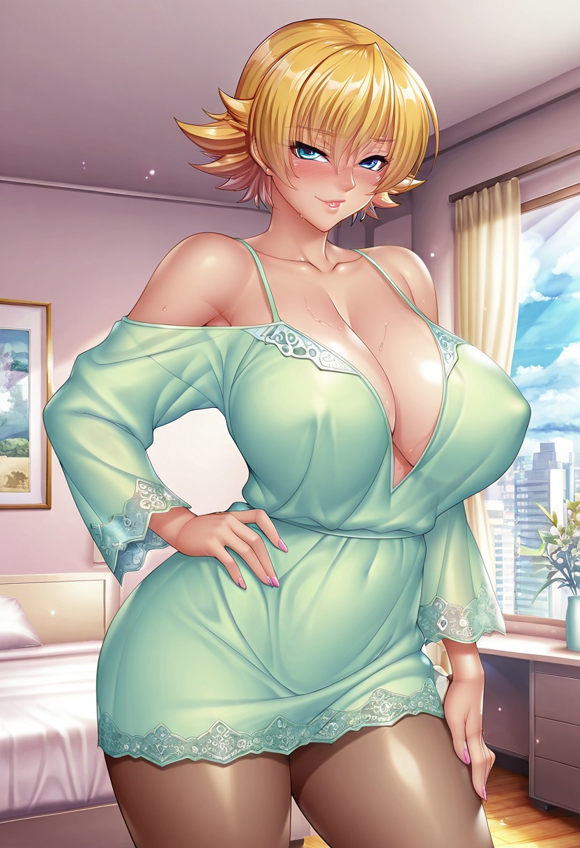 masterpiece, good quality, best quality, very as2, absurdres, highres, shadow, sidelighting, official art, official wallpaper, game cg, blush, large breasts, thick lips, curvy, wide hips thick thighs, seductive smile, (((1girl, solo, solo female, female only))), mature female, blue eyes, short hair, wide hips, RpgxSakura, Taimanin RPGX, large breasts, rpgxsakura, mature woman, hair between eyes, sexy, milf, taimanin rpgx, indoors, bedroom, large window, blue skies, one hand on hip, blushing, (((standing, standing straight))), sexy pose, seductive, looking at viewer, green dress, pantyhose,