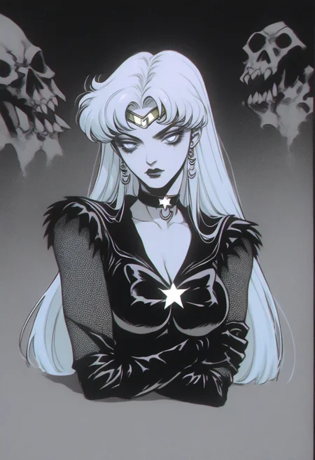 /1/ score_9, score_8_up, score_7_up, score_6_up, score_5_up, score_4_up, score_9, score_8_up, score_7_up, lineart,manga, retroscifi,/2/ /3/ 1woman, long hair, sailor moon, horror, scary, round breasts, breasts together, cleavage, posing, gothic background, at night, /6/, shadow background, rating_explicit