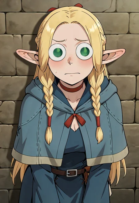 masterpiece, best quality, newest, absurdres, highres, anime, anime style, wall-eyed, GUGIL-V1.0, googly eyes, 1girl, marcille_donato \(dungeon_meshi\), elf, pointy ears, green eyes, blonde