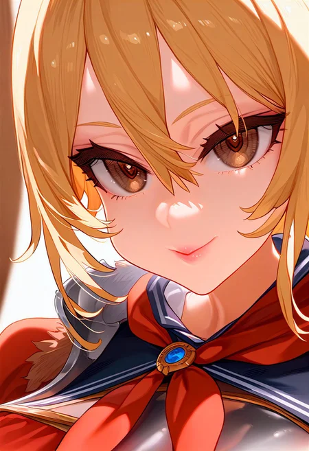 (masterpiece:1.2, best quality), (finely detailed eyes: 1.2) (ultra-detailed, hires), (detailed face, detailed eyes), (best illumination), detailed glow, high contrast, looking at viewer, solo, smile, closed mouth, 1girl, huge breasts, wide hips, thick thighs, centurii-chan, blond hair, brown eyes, hair between eyes, medium hair, fluffy hair, bangs, armor, ((breastplate)), dress, neckerchief, red neckerchief, red dress, short dress, short sleeves, pink lips, skindentation, no background, empty background, (((face shot))), (masterpiece, best quality, very aesthetic, absurdres), (ultra detailed perfect piece:1.2), illustration, masterpiece, (extremely detailed CG 8k), (very fine 8K CG), <lora:add-detail-xl:-1>