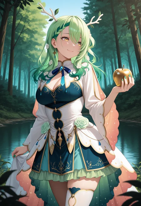 masterpiece, best quality, 1girl, solo, F4unaDef, yellow eyes, mole under eye, green hair, antlers, long hair, braided bangs, hair flowers, blue ribbon, two-tone dress, blue dress, white dress, high-low skirt, single thighhigh, white thighhighs, outdoors, nature, forest, holding apple, golden apple, looking to the side, smile, green nails, lake, blue sky, <lora:ChamCeresFaunaNoob:1>