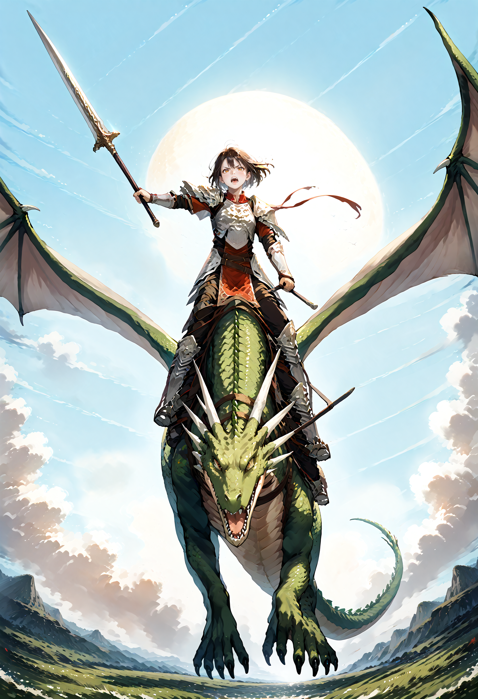 score_9,score_8_up,score_7_up,zPDXL3,unaestheticXL_3x3,field,sky,1girl,1other,close-up,
BREAK wyvern rider,dragon wings,knight,green dragon,dragon riding,sword,holding sword,holding weapon,flying,<lora:wyvern rider-pony-v2:0.9>,fighting stance,v-shaped eyebrows,serious,screaming,glaring,