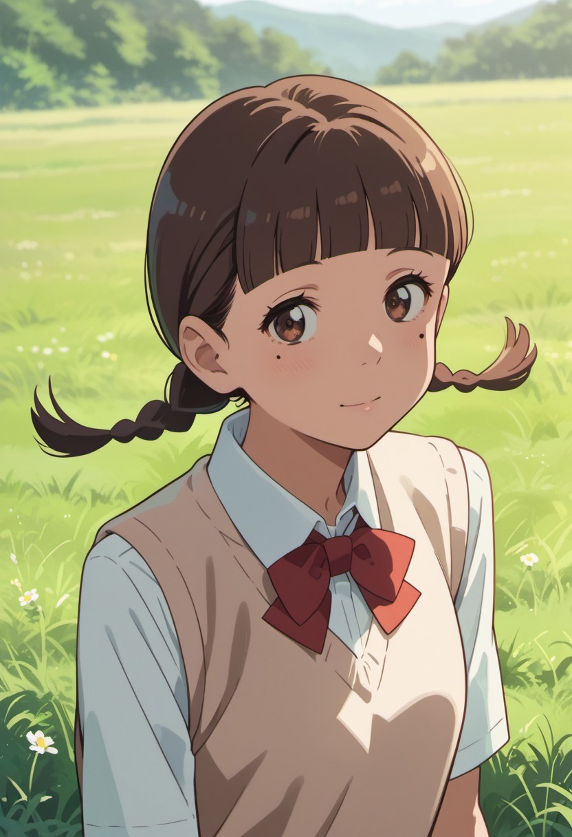 score_9, score_8_up, score_7_up, source_anime, natori sayaka, brown eyes, brown hair, twin braids, 1girl, solo, braid, mole, mole under eye, outdoors, looking at viewer, grass, sweater vest, blunt bangs, shirt, twintails