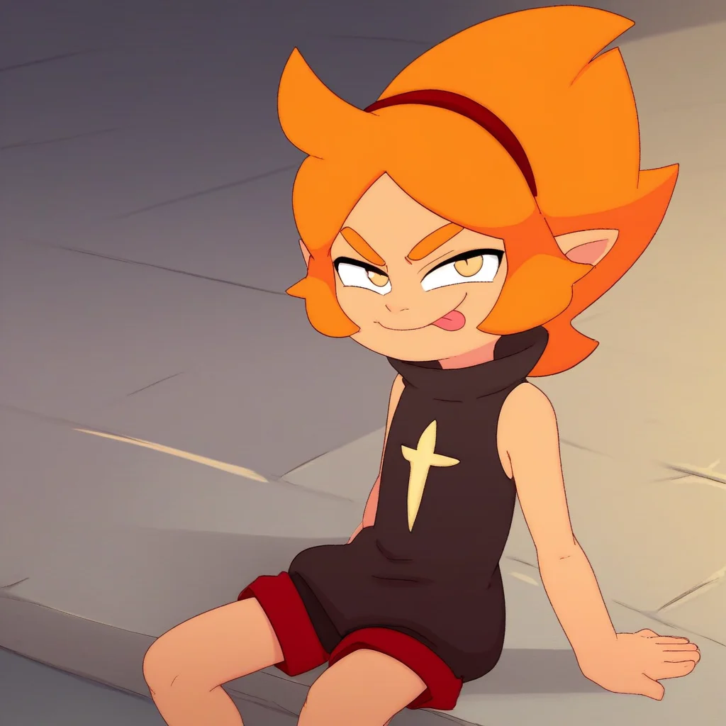 score_9, solo, elely_wu, orange hair, short hair, hairband, pointy ears, sleeveless, shorts, shirt symbol, smirk, tongue, looking at viewer, sitting,