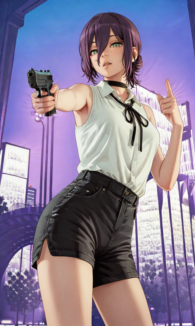 embedding:IllusP0s, GTAV5LS-ILV1.0, reze_\(chainsaw_man\), purple hair, green eyes, black choker, sleeveless, white shirt, black ribbon, black shorts, contrast lighting, night, aiming handgun, pointing at viewer, low angle, night, city, 1girl, solo, parted lips,<lora:GTAV5-Loading-IL-000012.safetensors:1.0:1.0>
