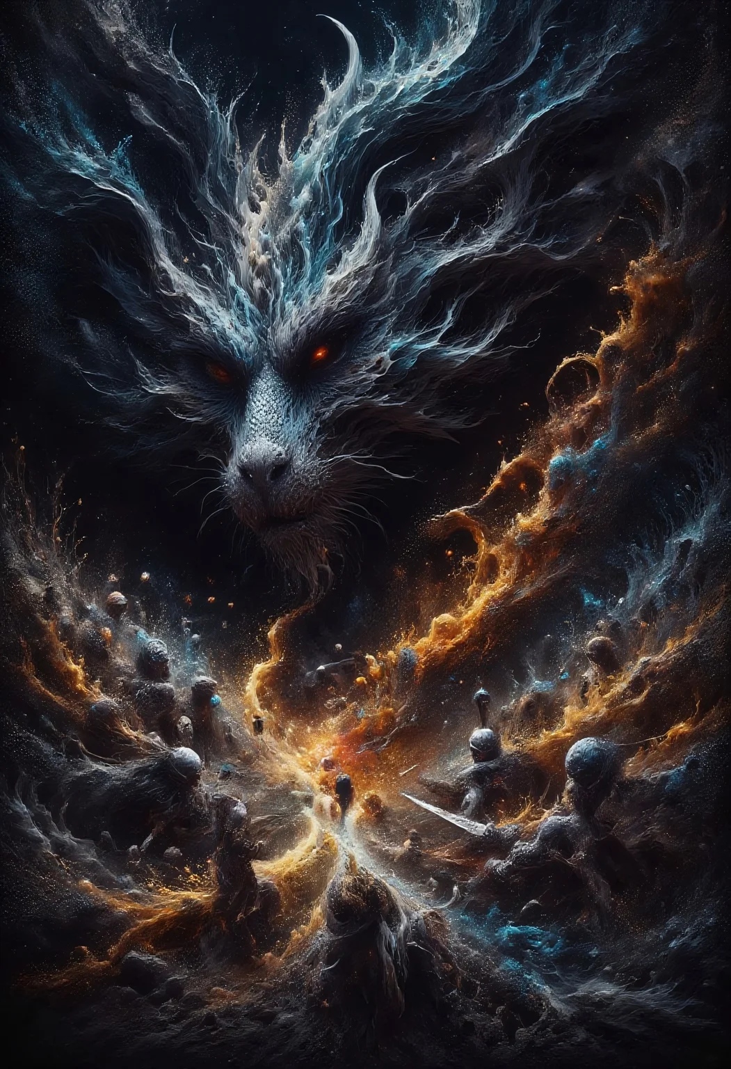 ral-dissolve, fire dissolving enemies. A fierce battle unfolds in a dark, cavernous setting, dominated by a massive dragon with fiery red eyes and sharp, jagged teeth. It's rough, scaly wings spread wide, and it unleashes a torrent of bright, fiery breath. Surrounding the dragon, warriors in medieval-style armor fight in desperation, wielding swords and shields. Their expressions range from fear to determination, with debris and blood scattered across the ground. Jagged rock formations cast deep shadows, while the dragonas flames and burning torches create an eerie orange glow, enhancing the scene's chaotic, intense atmosphere with realistic textures and dramatic lighting, <lora:dark_fantasy_flux:0.8>, <lora:fluxenhancer:0.6>