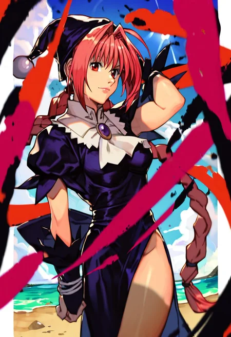 score_9,score_8_up,score_7_up, <lora:dorothy:1>,doroshii,1girl,solo, pale skin,red eyes,long pink hair,bangs,two braided pigtails, black cap,black dress,white collar,mail coach tie,dark purple jewel on tie, looking at viewer,furrowed brow,closed mouth, beach, sun umbrella on the sandy shore, beach towel laid out on a sandy beach, soft clouds drifting, summer facing viewer, portrait,