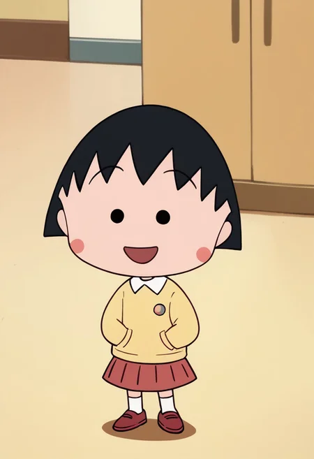 score_9, score_8_up, score_7_up BREAK ChibiMaruko, 1girl, black bobcut, black dot eyes, pink circle blush, happy, solo, solo focus, open yellow cardigan with orange pockets, long-sleeved white shirt, red pleated skirt. white socks, flat red shoes, full body,