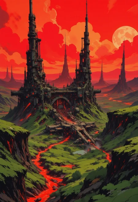 OBxiaoxiang, CAICO, inksketch black and red theme, detailed photorealistic image, a_skynet_cyberdyne_craft, the image is featuring a sci-fi cityscape of colossal buildings and towers in a green lush landscape, situated in a volcanic valley bounded by lava volcanos, black and gunmetal grey alloy surfaces with high-end circuitry, red glowing diodes and lights, large depth of field. The sky is an ominous red, with a moon hanging low in the horizon