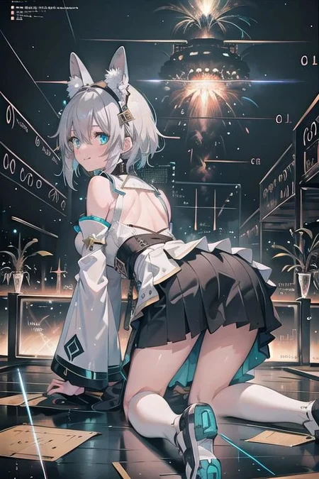 (masterpiece), (science fiction:1.4), 1girl, her back turned, on all fours, smile, silver hair, aqua eyes, headgear, long sleeves, detached sleeves, glowing energy clothing, light particles, short skirt