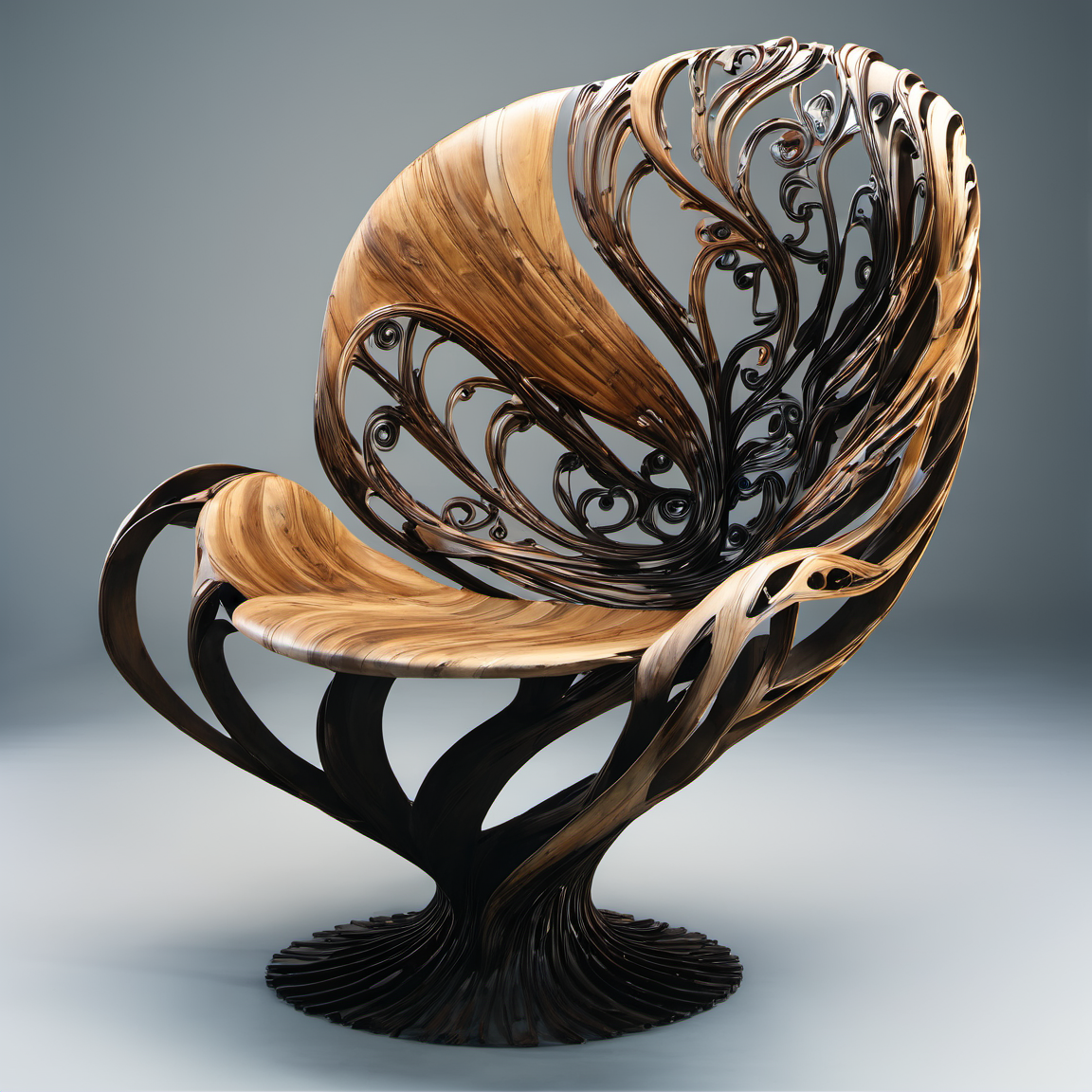 woodenart, a wooden chair with a curved seat and a curved back<lora:woodenart:1>