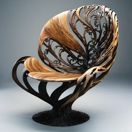 woodenart, a wooden chair with a curved seat and a curved back<lora:woodenart:1>