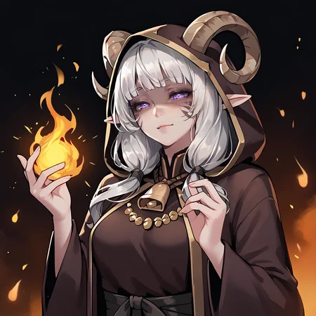 <lora:fireball:0.8>, fireball, magic, hands up,, source_furry, score_7_up, rating_safe, cowboy shot, gold necklace, tiefing, short pointed ears,brown horns, (a pair of brown sheep Horns that begin at her temples and curve back: 1.5), bangs,long silver hair long wavy hair, pale skin,<lora:whisker_markings:0.8> whisker_markings:1.4 , pointy ears, purple eyes:1.2, <lora:age_slider_v4:0.6> medium breasts, skinny female, close up, silver hair, <lora:Tieflingnew weird fantasyDND:0.3> Tiefling, pointed ears, horns, half-closed eyes:1.5,<lora:Smooth Style 2 SDXL_LoRA_Pony Diffusion V6 XL:0.5> shepherd's crook, bell, robe, hood off, <lora:Nanoless_Artist_Style_PonyXL:0.3> shaded face:1.2,