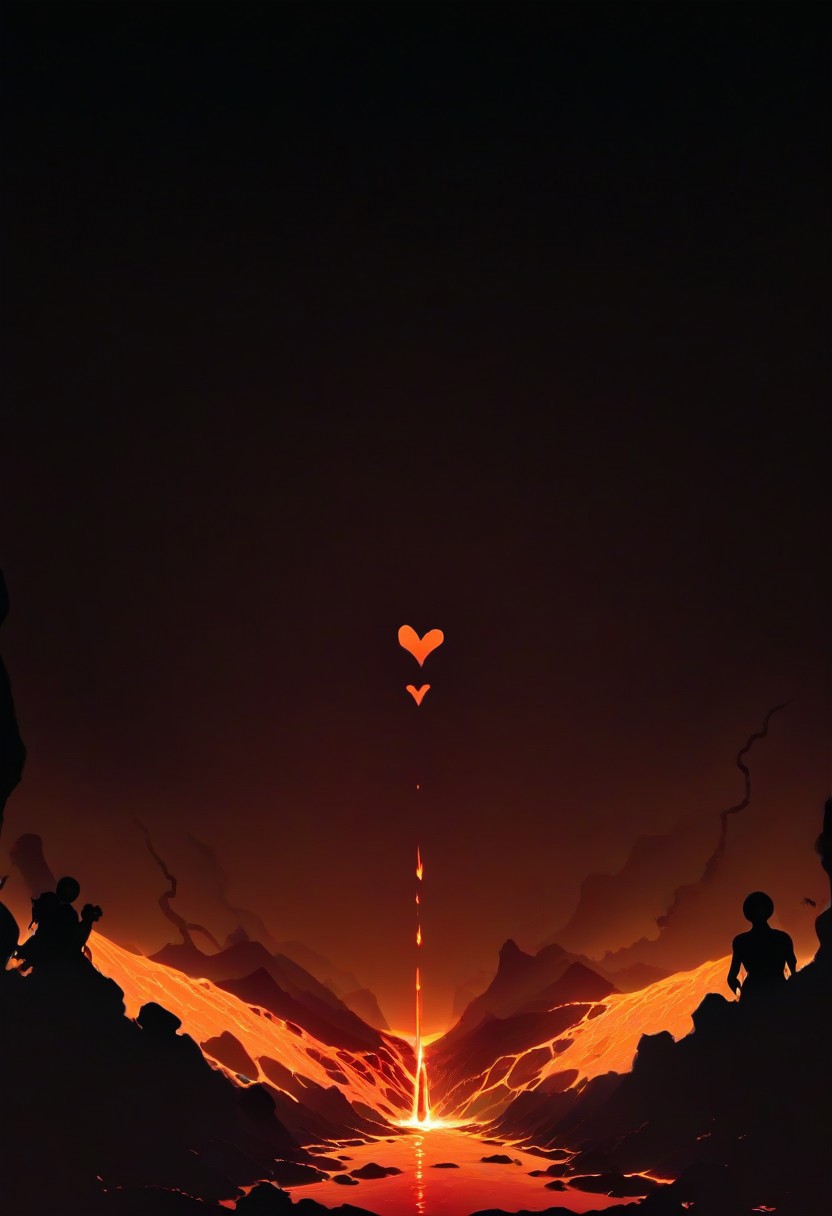 score_9,score_8_up,score_7_up,score_6_up,score_5_up,score_4_up, comic book art, rough colored sketch, dynamic angle, glowing, high detailed, (silhouette art:1.2), darkbackground, (Give Your Heart:1.6), lava,