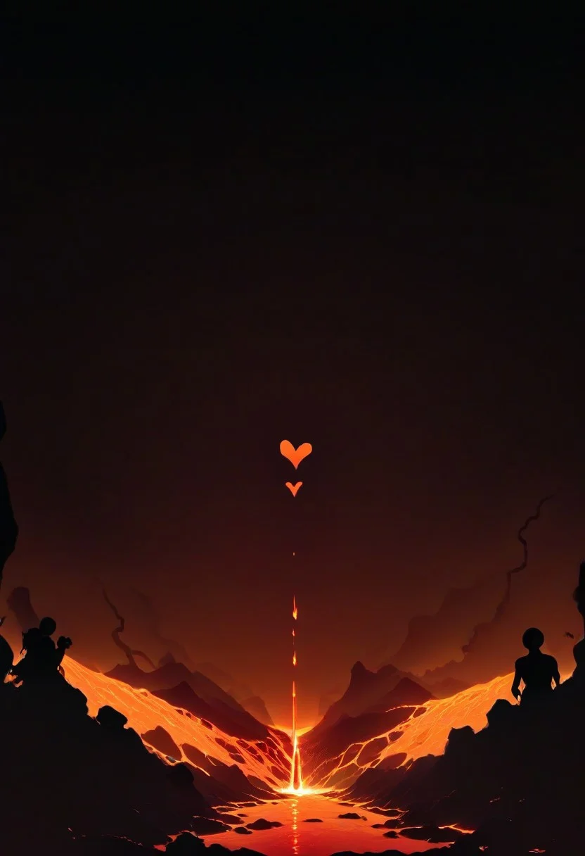 score_9,score_8_up,score_7_up,score_6_up,score_5_up,score_4_up, comic book art, rough colored sketch, dynamic angle, glowing, high detailed, (silhouette art:1.2), darkbackground, (Give Your Heart:1.6), lava,