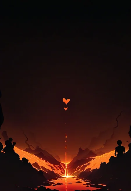 score_9,score_8_up,score_7_up,score_6_up,score_5_up,score_4_up, comic book art, rough colored sketch, dynamic angle, glowing, high detailed, (silhouette art:1.2), darkbackground, (Give Your Heart:1.6), lava,