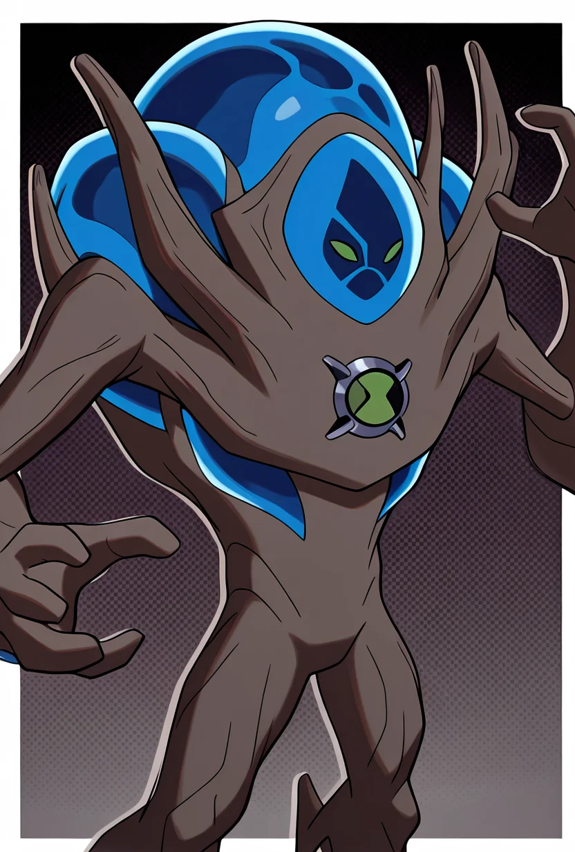 <lora:ultswam-10:1> ultswam, standing, pokemon (creature), solo, green eyes, monster, brown skin, alien, massive arms, no humans,, masterpiece, best quality, amazing quality, very aesthetic, absurdres, newest,, upper body, halftone effect, white borders, abstract background:1.2,