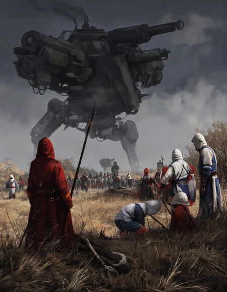 By Jakub Rozalski. A digital illustration shoot from a far camera angle about a dramatic scene depicting a group of people in red and white hooded clothing engaged in a battle, surrounded by tall, dry grass. the scene is set against a dark, stormy sky with heavy clouds and a large group of soldiers in the background. in the foreground, a woman in a red hooded cloak stands with a spear, facing away from the viewer, while a few other figures in white and blue hooded cloaks stand in the distance. the woman appears to be in her mid-twenties, with a determined expression on her face. she is positioned in the middle of the image, holding a stick in her hand. to her right, a man in a blue and white outfit is standing, facing the viewer. to his left, another man is standing with his back to the camera, looking down at the scene. to the right of the woman, a third figure in a white outfit stands with his hands on the ground, observing the scene unfold. in front of the group, a large, black, futuristic-looking machine-like structure is visible, with smoke billowing from its top, adding to the dramatic atmosphere of the scene, while the soldiers are positioned in a distant, more distant distance.