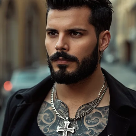 UHD, 4k, ultra detailed, cinematic, a photograph of <lora:detailed:0.2> 
<lora:perfection style:0.2>
<lora:Ron Fricke style:0.2>
 <lora:Gomorra - La serie style:1>
Set in Naples in the 2010s a man with a beard and a cross tattoo on his neck,solo,looking at viewer,short hair,shirt,black hair,1boy,jewelry,jacket,upper body,male focus,earrings,mole,blurry,black jacket,mole under eye,tattoo,blurry background,facial hair,cross,beard,realistic,mustache,animification,cross earrings , cinematic, kodak, Gomorra - La serie, epic, beautiful lighting, inpsiring